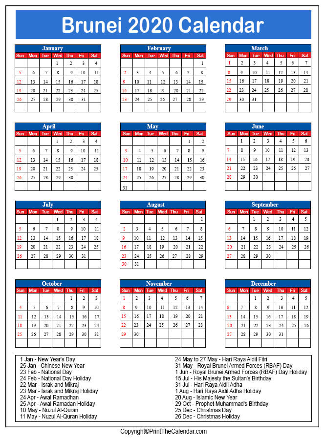 Brunei Printable Calendar 2020